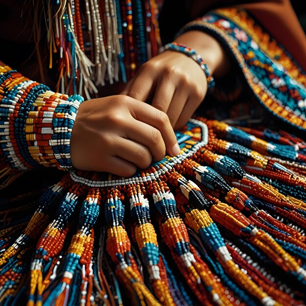 a woman is wearing a colorful beaded necklace with beads