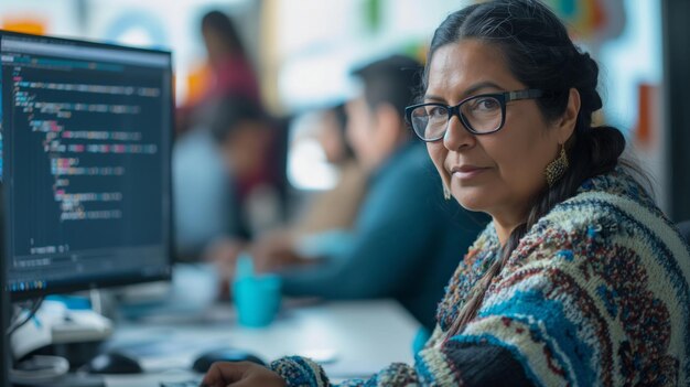 A woman is wearing glasses at a desk looking at a computer monitor