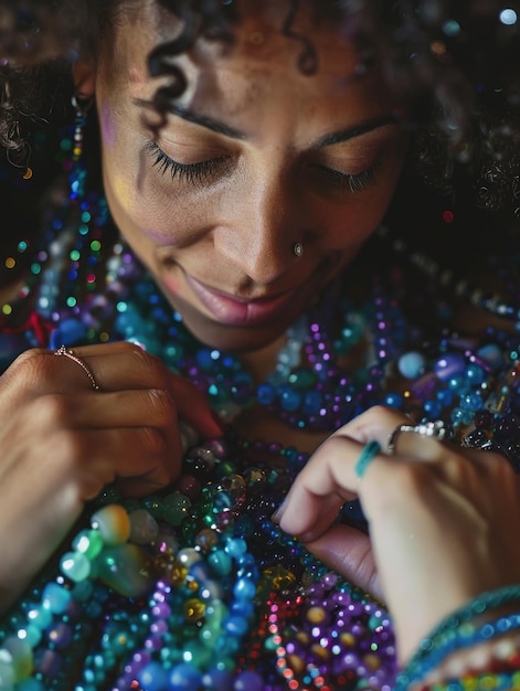 A woman is wearing a necklace with many beads on it