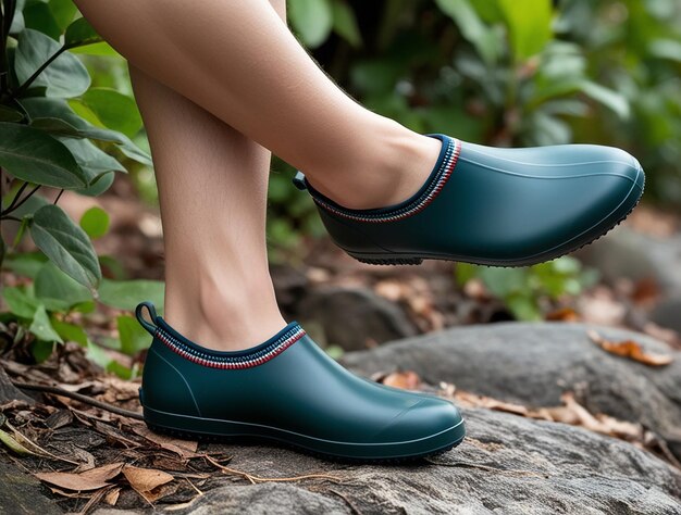 Photo a woman is wearing a pair of blue shoes with a green shoe on the left