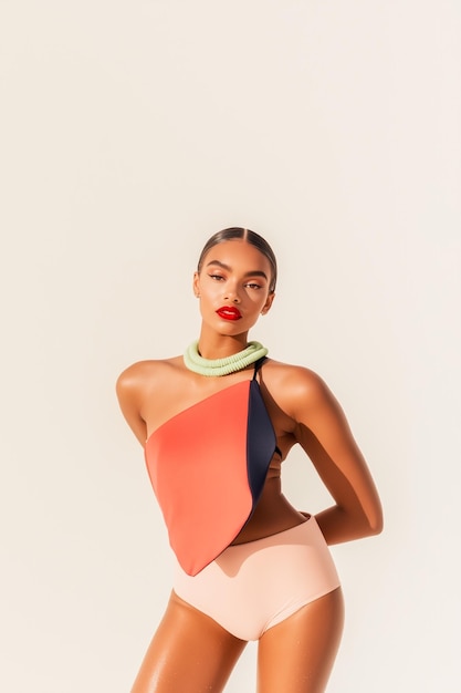 Photo a woman is wearing a red and blue bikini top and a green scarf