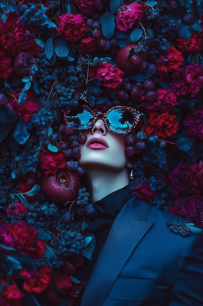 Photo a woman is wearing sunglasses and is surrounded by flowers and fruit