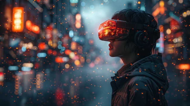 a woman is wearing a virtual reality headset in a futuristic city