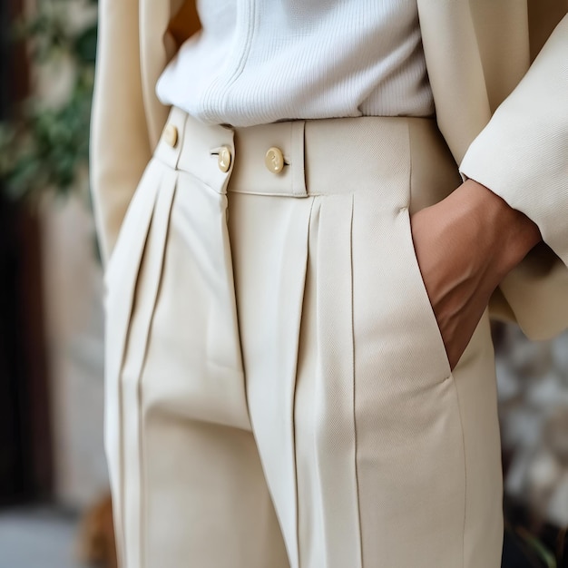 Photo a woman is wearing a white dress with a belt that has a button on the front