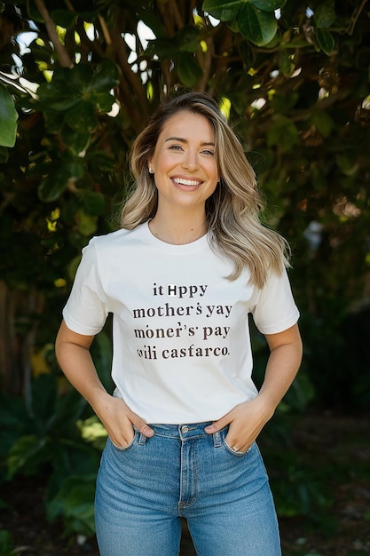 a woman is wearing a white shirt that says quot happy mother quot