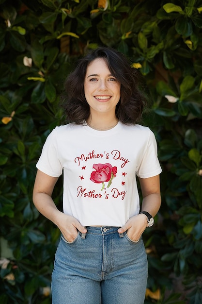 a woman is wearing a white shirt that says mother day