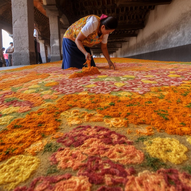 A woman is working on a carpet that has flowers on it.