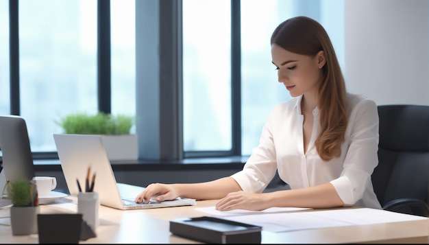 A woman is working at the computer in the office