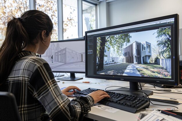 Photo a woman is working on a computer with a building in the background