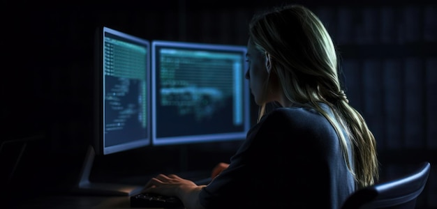 A woman is working on a computer with the text code on the screen.