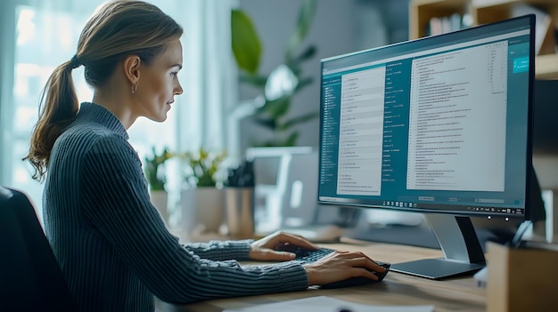 a woman is working on a computer with the word code on the screen