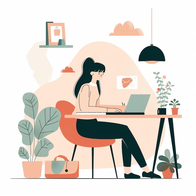 A woman is working from home in cozy workspace focused on her laptop environment features plants stylish chair and decorative elements creating warm and inviting atmosphere