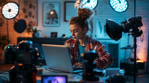 a woman is working on her laptop in a room with a bright light