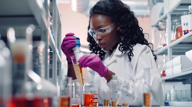 a woman is working in a lab with a blue flask