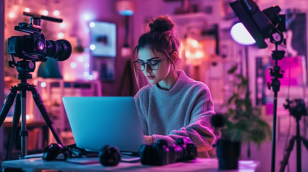 Photo a woman is working on a laptop and the screen is on