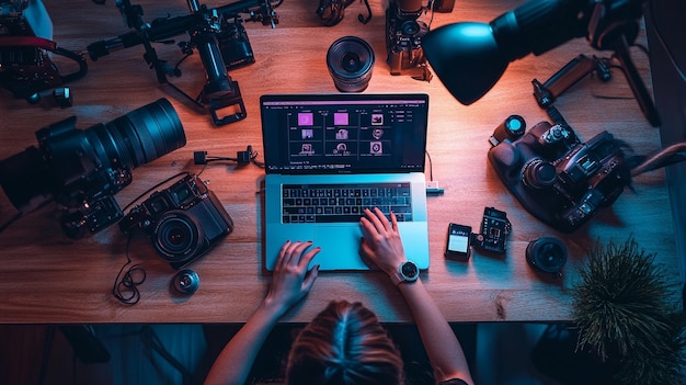 Photo a woman is working on a laptop with a camera on the table and a camera on the table