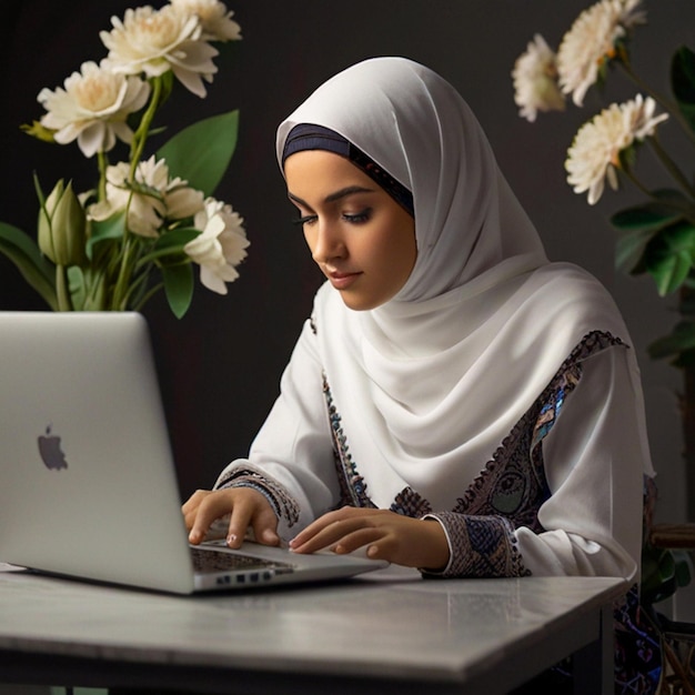 a woman is working on a laptop with a flower in the background