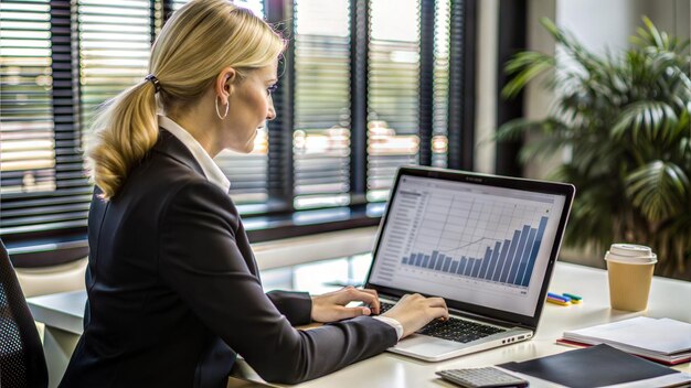 a woman is working on a laptop with a graph on the screen