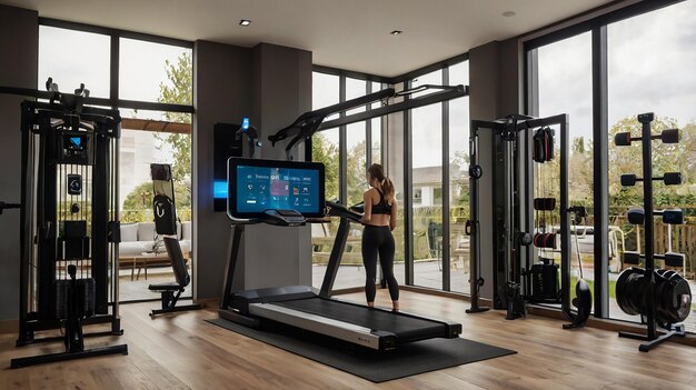 Photo a woman is working out in a gym with a large screen that says quot