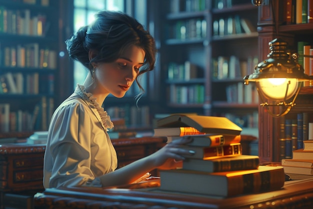 a woman is working on a stack of books