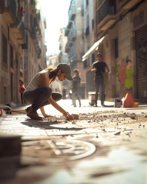 Photo a woman is working on a street with a sign that says  no parking