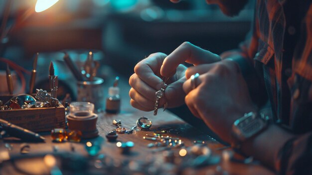 Photo a woman is working on a table with a glass of beer and a glass of beer