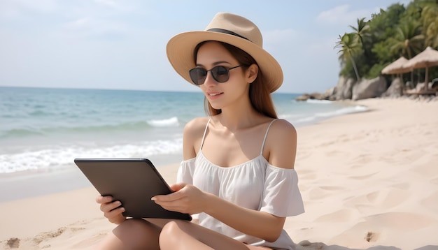 woman is working on tablet at the beach