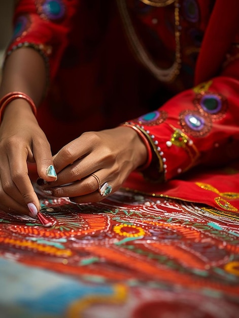 A woman is working on a traditional embroidery.