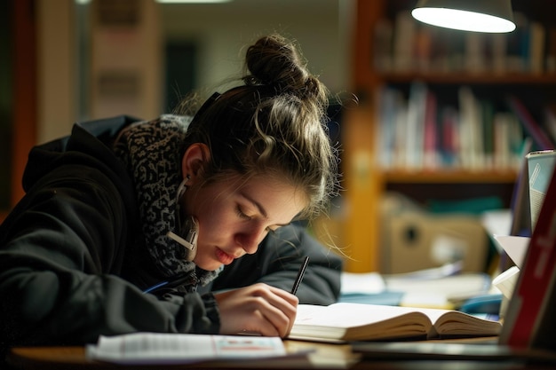 A woman is writing on a book while sitting at a desk