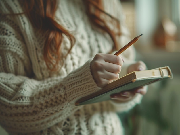 Photo a woman is writing in a book with a pencil in her hand