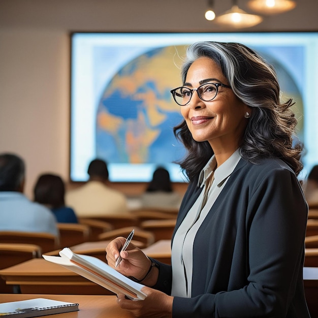 a woman is writing in front of a large screen with a map on it