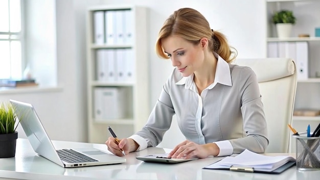 Photo a woman is writing on a laptop and she is writing in a notebook