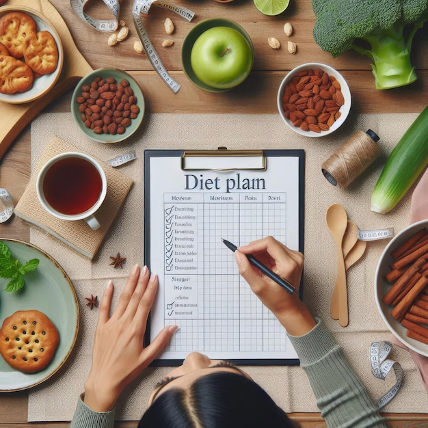 Photo a woman is writing a note on a table with a notepad for diet and diet