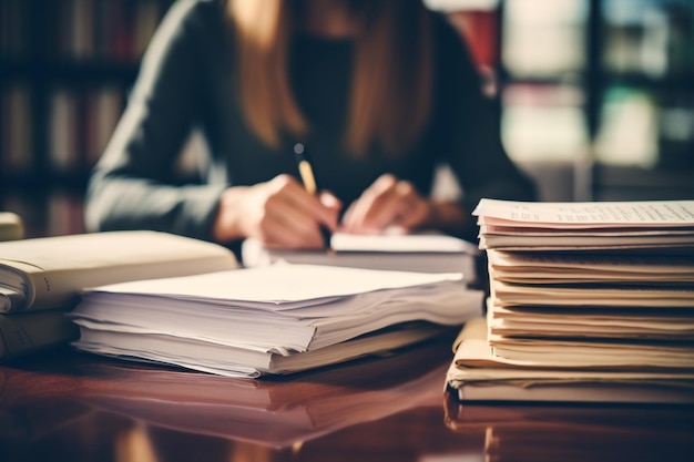 Photo a woman is writing in a notebook with a pen in her hand