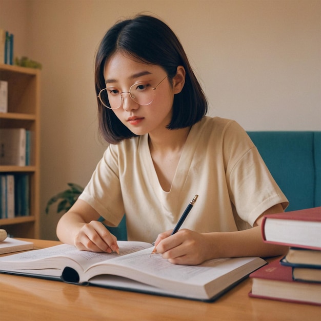 a woman is writing in a notebook with a pen on it