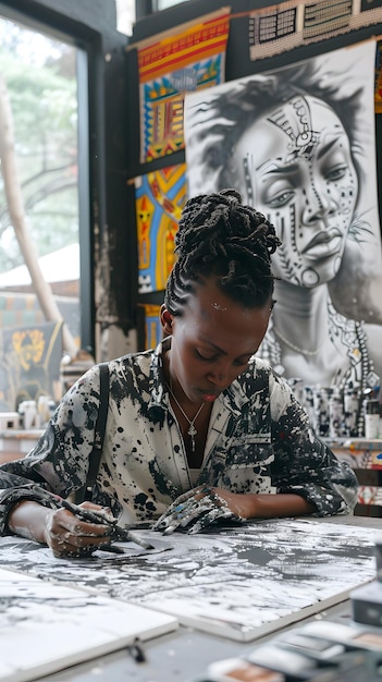 Photo a woman is writing in a notebook with a picture of a woman in the background