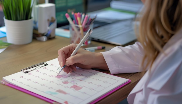 Photo a woman is writing on a notebook with the word graph on it