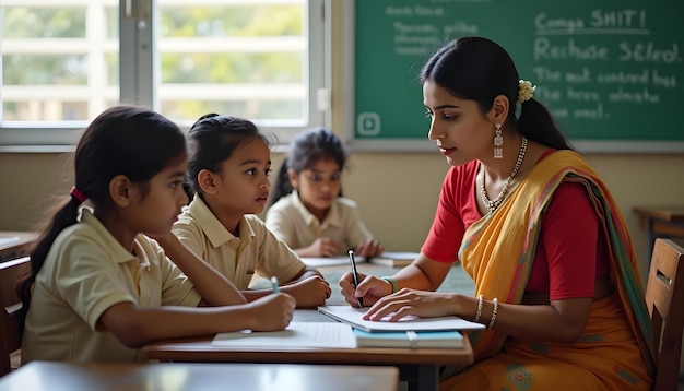 a woman is writing on a paper with two children