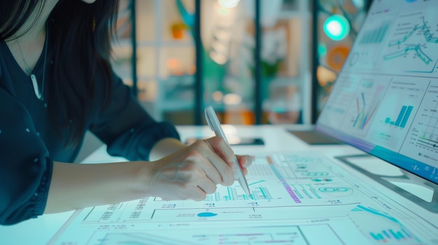 Photo a woman is writing on a piece of paper with a pen in her hand