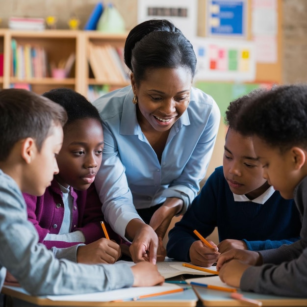 a woman is writing with children in a classroom