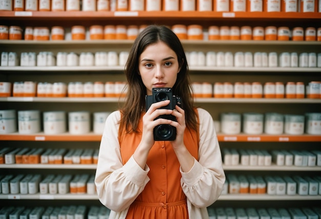 a woman isbrunette taking a photo of a product store