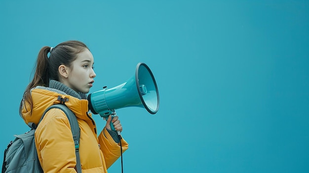 Photo a woman in jacket is speaking through a megaphone