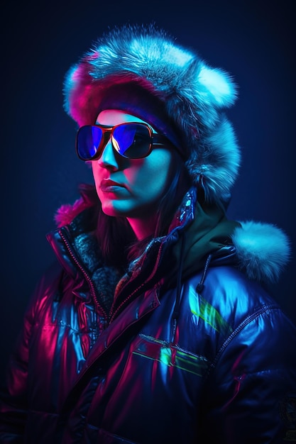 A woman in a jacket and sunglasses stands in a dark room with a neon light behind her.