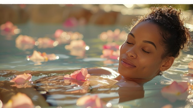 A woman in a jacuzzi with rose petals