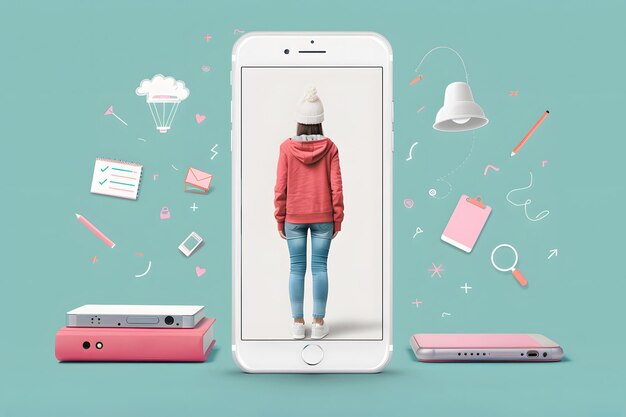 Photo woman in jeans and pink hoodie stands inside smartphone with office supplies around