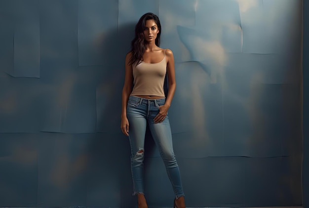 a woman in jeans posing against a wall in the style of pigeoncore