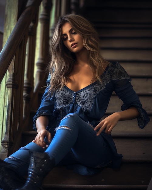 Woman in Jeans Sitting on Stairs