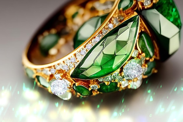 woman jewelry gold ring with green emerald and diamond crystal luxury accessories