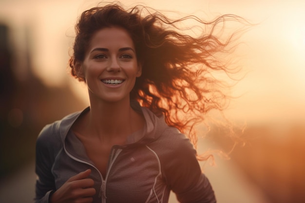 woman jogging close up beautiful smiling twilight hour