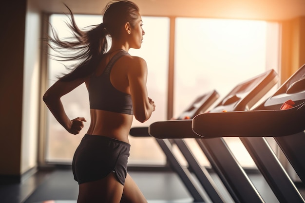 Woman jogging on the exercise machines in the gym Generative Ai